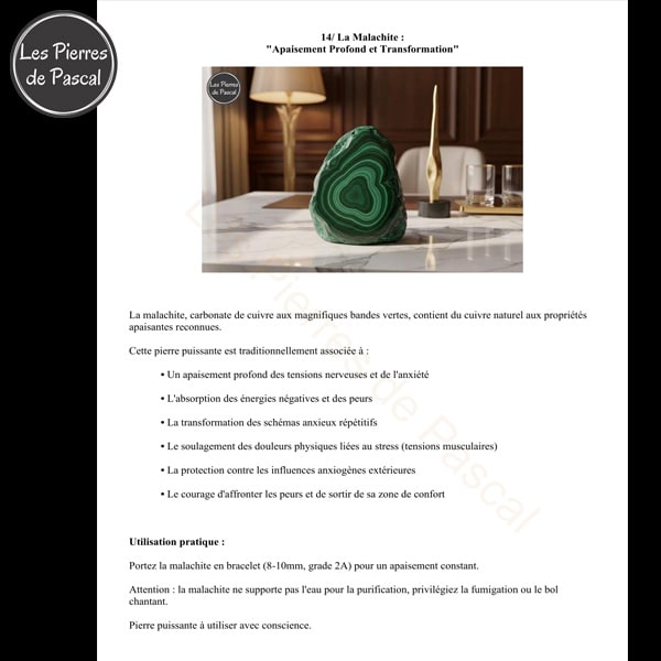 Page malachite E-book Les Meilleures Pierres contre l'Anxiété, le Stress et les Angoisses