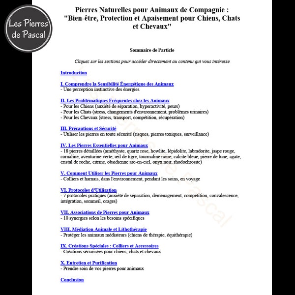 Sommaire E-book Pierres Naturelles pour Animaux de Compagnie - Guide Complet 70 Pages par Pascal Artisan