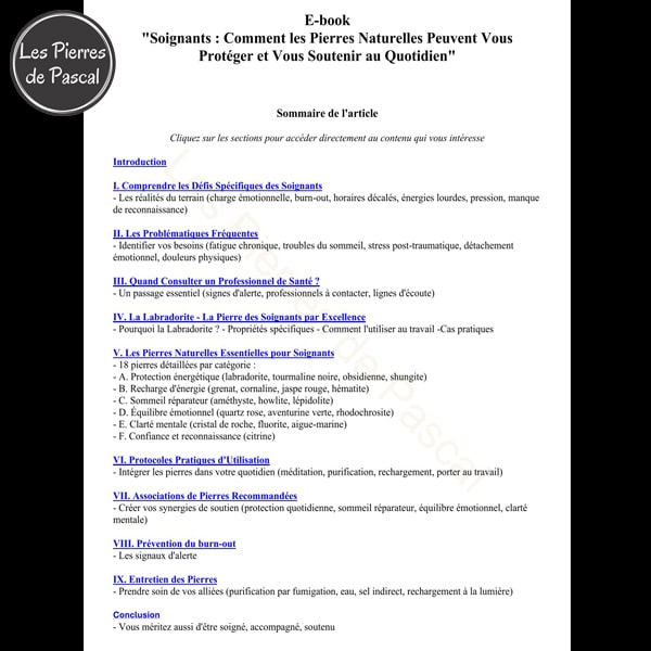 Sommaire E-book Pierres Naturelles pour Soignants - Guide Complet 60 Pages