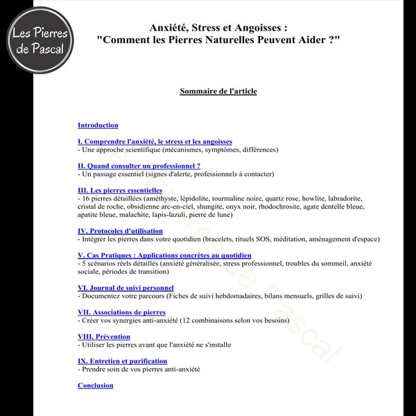 Sommaire E-book Les Meilleures Pierres contre l'Anxiété, le Stress et les Angoisses