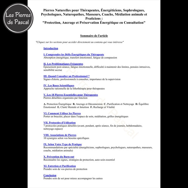 Sommaire e-book Découvrez les 18 Pierres Naturelles Essentielles pour Accompagner les thérapeutes et énergéticiens dans leur pratique quotidienne