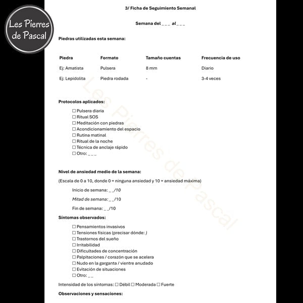 Página del diario de seguimiento de litoterapia para documentar el uso de piedras contra la ansiedad