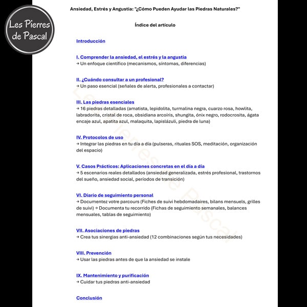 Página de índice del e-book sobre piedras para la ansiedad con tabla de contenidos clicable
