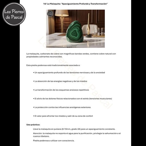 Página del e-book sobre la malaquita - piedra para el apaciguamiento profundo y transformación de la ansiedad