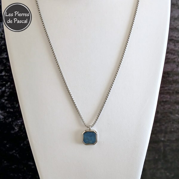 Pendentif Carré avec du Lapis-Lazuli Serti en Métal Argenté avec une Chaîne Acier Inoxydable 304 de 60 cm