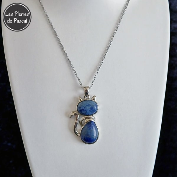 Pendentif Chat en Lapis-Lazuli, Métal Argenté et Chaîne Acier Inoxydable de 50 cm