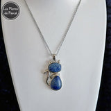 Pendentif Chat en Lapis-Lazuli, Métal Argenté et Chaîne Acier Inoxydable de 50 cm
