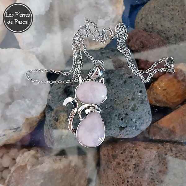 Pendentif Chat en Quartz Rose et Métal Argenté avec une Chaîne Acier Inoxydable 304 de 50 cm