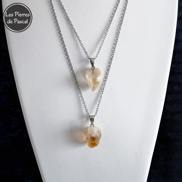 Pendentif avec une Citrine Citrine Brute Grade A+ et une Chaîne en Acier Inoxydable de 50 cm