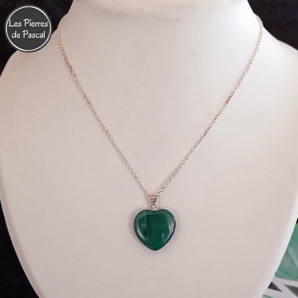 Pendentif Cœur Malachite du Congo Grade 2A de 2 cm avec une Chaîne en Argent 925 de 45 cm ou Plus