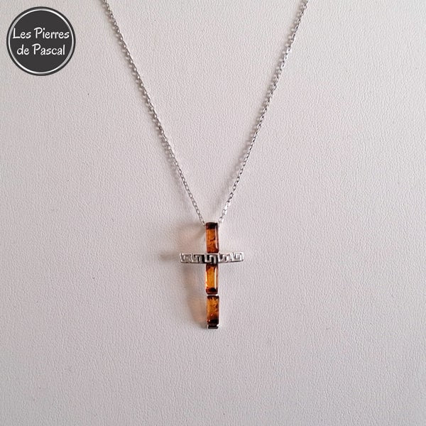 Pendentif Croix en Ambre Cognac de la Baltique Grade A sur Argent 925 et Chaîne Argent Sterling 925