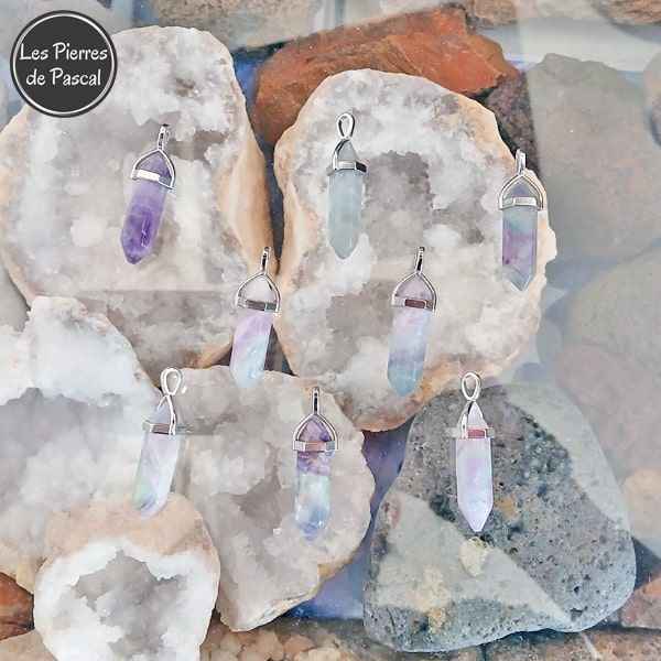 Pendentif en Fluorine ou Fluorite Multicolore en Forme de Pendule avec une Chaîne en Acier Inoxydable de 50 cm