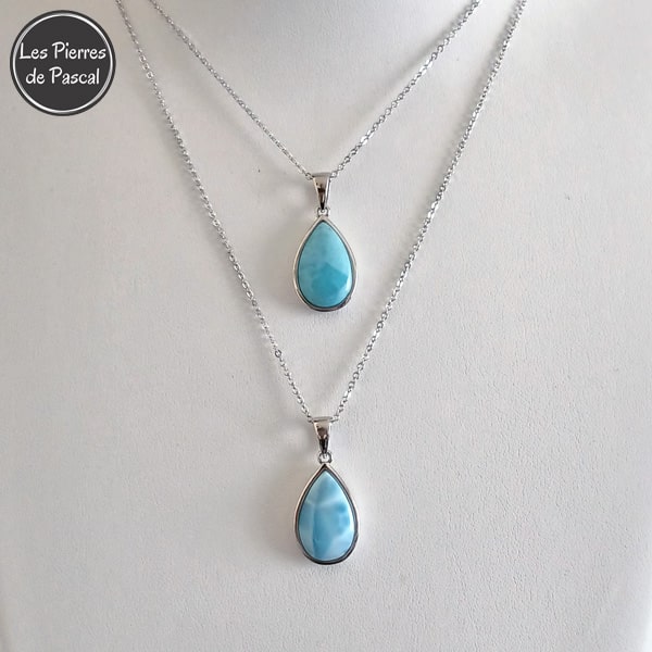 Pendentif en Larimar de Saint-Domingue Grade 2A en Argent avec une Chaîne en Argent Sterling 925 de 45 cm ou plus