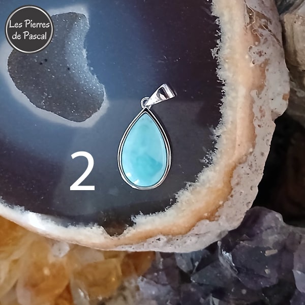 Pendentif en Larimar de Saint-Domingue Grade 2A en Argent avec une Chaîne en Argent Sterling 925 de 45 cm ou plus N°2