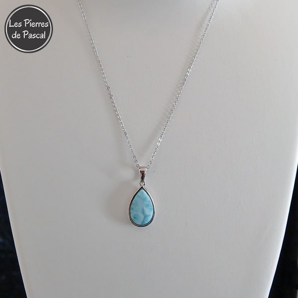 Pendentif en Argent 925 et Larimar de Saint-Domingue Grade 2A avec une Chaîne en Argent Sterling 925 de 45 cm ou plus