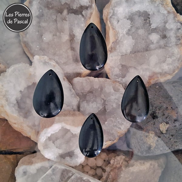 4 Nouveaux Pendentifs en Obsidienne Céleste du Mexique de Grade 2A avec une Bélière et une Chaîne en Argent