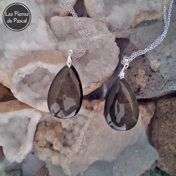 2 Nouveaux Pendentifs en Obsidienne Dorée du Mexique Grade 2A avec une Bélière et une Chaîne en Argent de 45 cm ou +