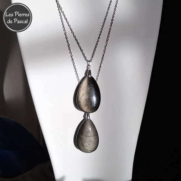 2 Nouveaux Pendentifs en Obsidienne Dorée du Mexique Grade 2A avec une Bélière et une Chaîne en Argent de 45 cm ou +