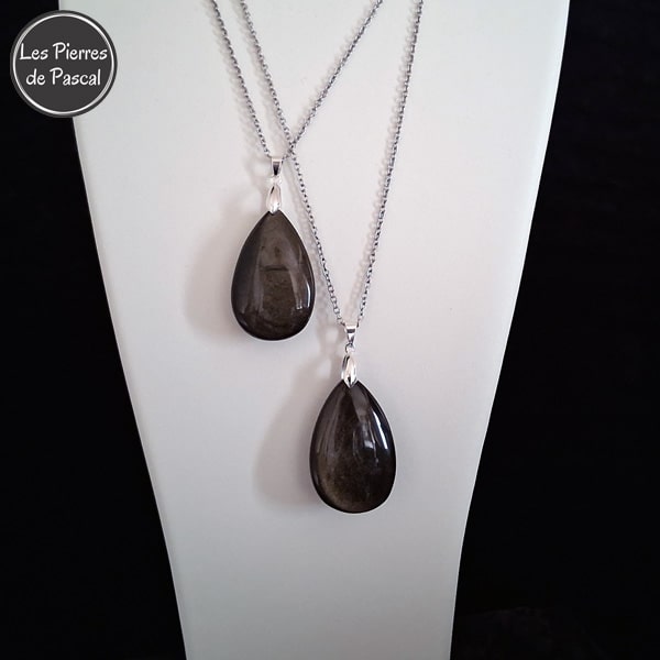 2 Nouveaux Pendentifs en Obsidienne Dorée du Mexique Grade 2A avec une Bélière et une Chaîne en Argent de 45 cm ou +