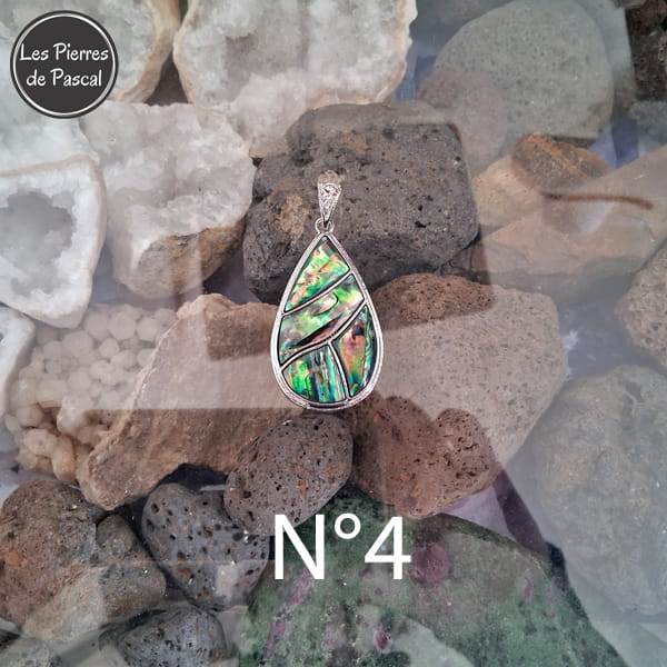 Pendentif Coquille d'Ormeau Arc en Ciel de Nouvelle Zélande Grade A en Forme de Grosse Larme et une Chaîne en Métal de 50 cm N°4