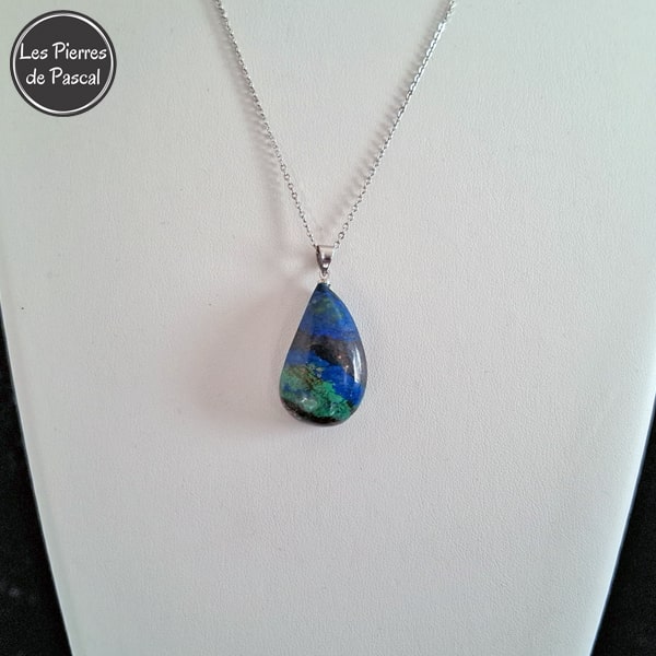 Exceptionnel Pendentif en Azurite Malachite de Bolivie Grade 5A avec une Chaîne en Argent Sterling 925 de 45 cm ou +