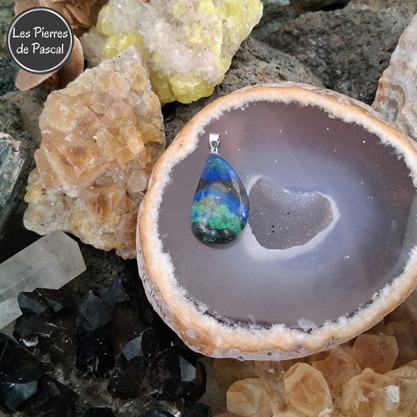 2ème Pendentif en Azurite Malachite de Bolivie Grade 5A avec une Chaîne en Argent Sterling 925 de 45 cm ou +