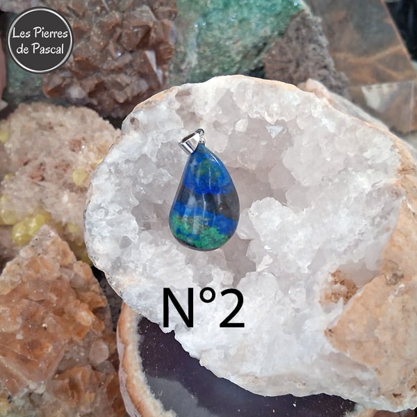 2ème Pendentif en Azurite Malachite de Bolivie Grade 5A avec une Chaîne en Argent Sterling 925 de 45 cm ou +