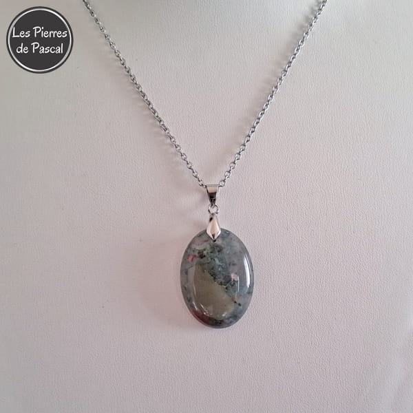 Pendentif Ovale en Jaspe Sanguin ou Héliotrope du Brésil de Grade A et Chaîne en Métal de 50 cm
