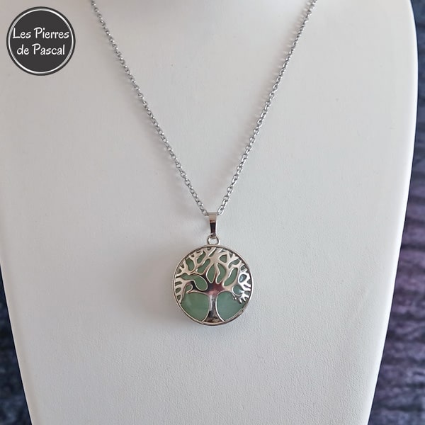 Pendentif Arbre de Vie Rond en Aventurine Verte du Brésil et Acier Argenté avec une Chaîne Acier Inoxydable de 50 cm