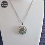 Pendentif Arbre de Vie Rond en Aventurine Verte du Brésil et Acier Argenté avec une Chaîne Acier Inoxydable de 50 cm