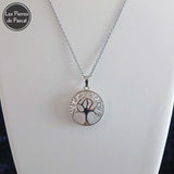 Pendentif Cristal de Roche Rond du Brésil et un Arbre de Vie Rond en Acier Argenté avec une Chaîne Acier Inoxydable de 50 cm