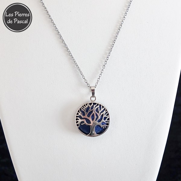 Pendentif Arbre de Vie Rond en Lapis-Lazuli et Acier Argenté avec une Chaîne Acier Inox de 50 cm