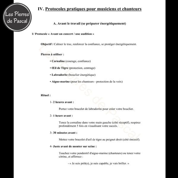 Page protocole Livre en PDF Pierres Naturelles pour Musiciens et Chanteurs : "Un Guide Pratique de 70 Pages"