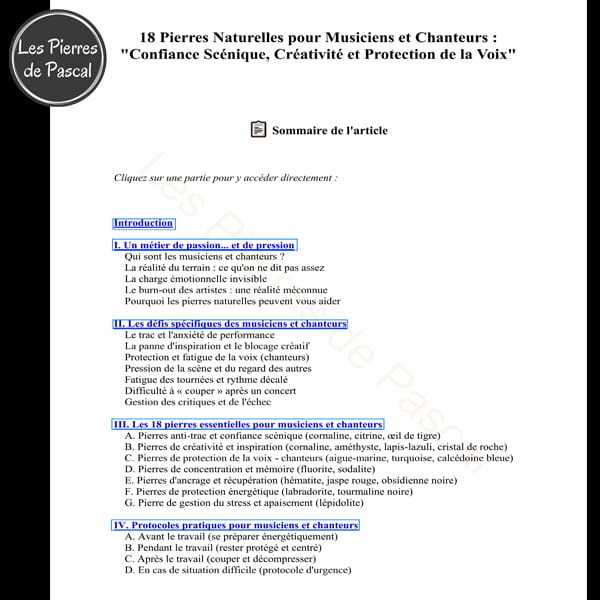 Page 1 sommaire Livre en PDF Pierres Naturelles pour Musiciens et Chanteurs : 
