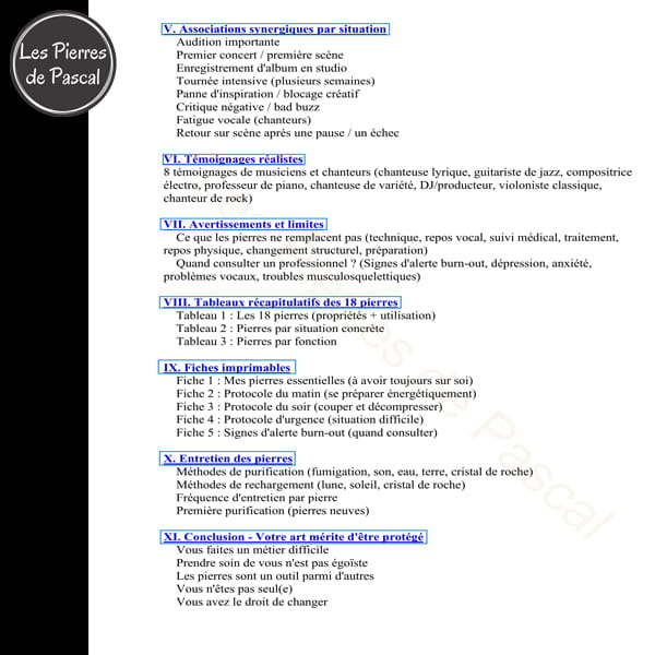 Page 2 sommaire Livre en PDF Pierres Naturelles pour Musiciens et Chanteurs : "Un Guide Pratique de 70 Pages"