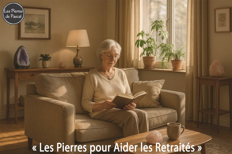 Photo dame retraitée paisible en train de lire dans son salon entourée de ses pierres