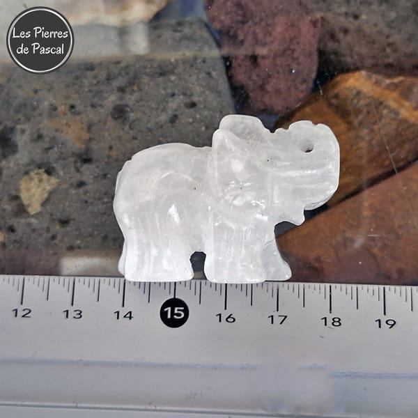 Sculpture d'Éléphant en Cristal de Roche du Brésil de Grade A de 4 cm de Long sur la règle