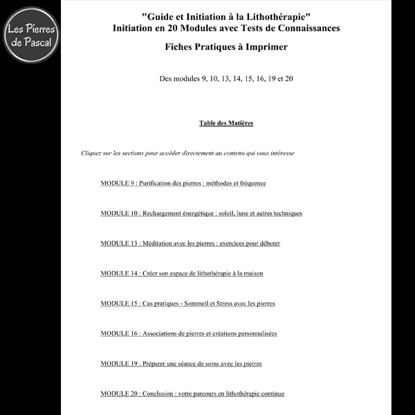 Exemple 2 Fiche Livret PDF – Fiches Pratiques d’Initiation à la Lithothérapie – 64 pages à imprimer Par Pascal Artisan