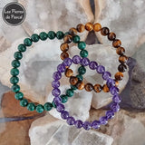 Trio de Bracelets Malachite du Congo + Œil de Tigre + Améthyste - Boules de 8 mm - Tous en Grade 2A