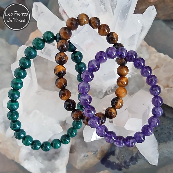 Trio de Bracelets Malachite du Congo + Œil de Tigre + Améthyste - Boules de 8 mm - Tous en Grade 2A