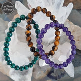 Trio de Bracelets Malachite du Congo + Œil de Tigre + Améthyste - Boules de 8 mm - Tous en Grade 2A