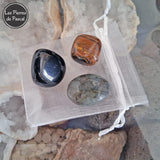 Trio de Pierres Roulées de Protection, Labradorite, Œil de Tigre et Tourmaline Noire