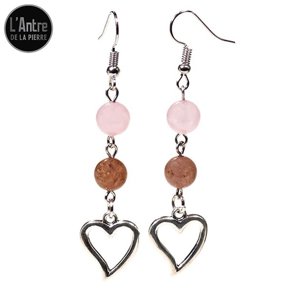 Longues Boucles d'Oreilles Quartz Rose et Quartz Fraise Boule de 8 mm avec un Cœur en Alliage Argenté