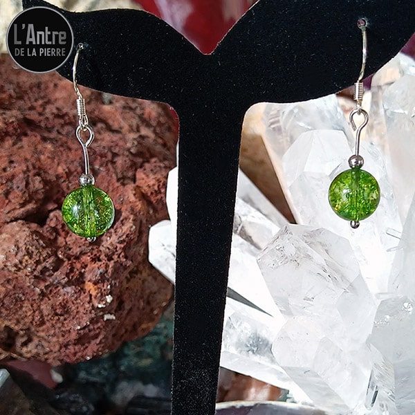 Paire de Boucles d'Oreilles avec du Péridot (Olivine ou Chrysolite) Boules de 10 mm et Crochet en Argent Sterling 925