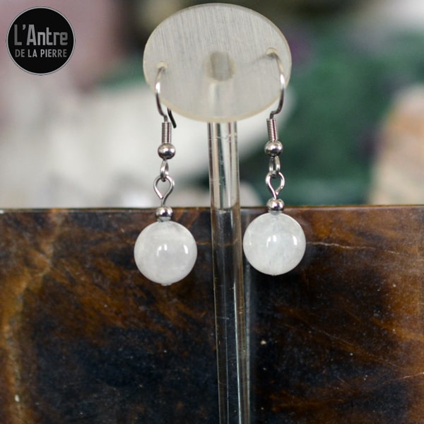 Boucles d'Oreilles Courtes avec Pierre de Lune Arc en Ciel du Sri Lanka Boules de 10 mm, de Grade 2A et Crochet en Argent 925