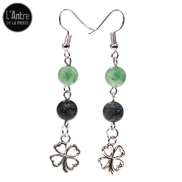 Longues Boucles d'Oreilles Aventurine Verte et Jaspe Kambaba Boule de 8 mm avec un Trèfle en Métal Argenté