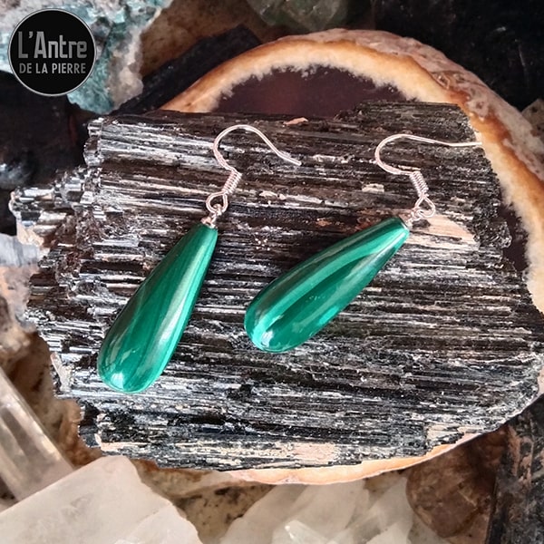 Nouvelles Paire de Boucles d'Oreilles en Malachite du Congo Grade 2A en Forme de Goutte et Crochets en Argent Sterling 925