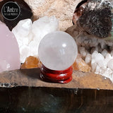 Boule de Cristal de Roche ou Quartz Blanc de 3 cm de diamètre sur un Socle en Bois