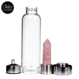 Bouteille en Verre avec Pointe Obélisque de Quartz Rose de 7 à 8 cm de Hauteur pour Réaliser sa Boisson Cristalline