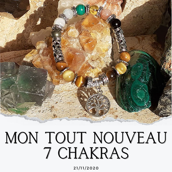 Tout Nouveau Bracelet 7 Chakras avec des Pierres de 8 mm et de Nombreux Décors en Métal dont un Arbre de Vie et de Nobles Pierres